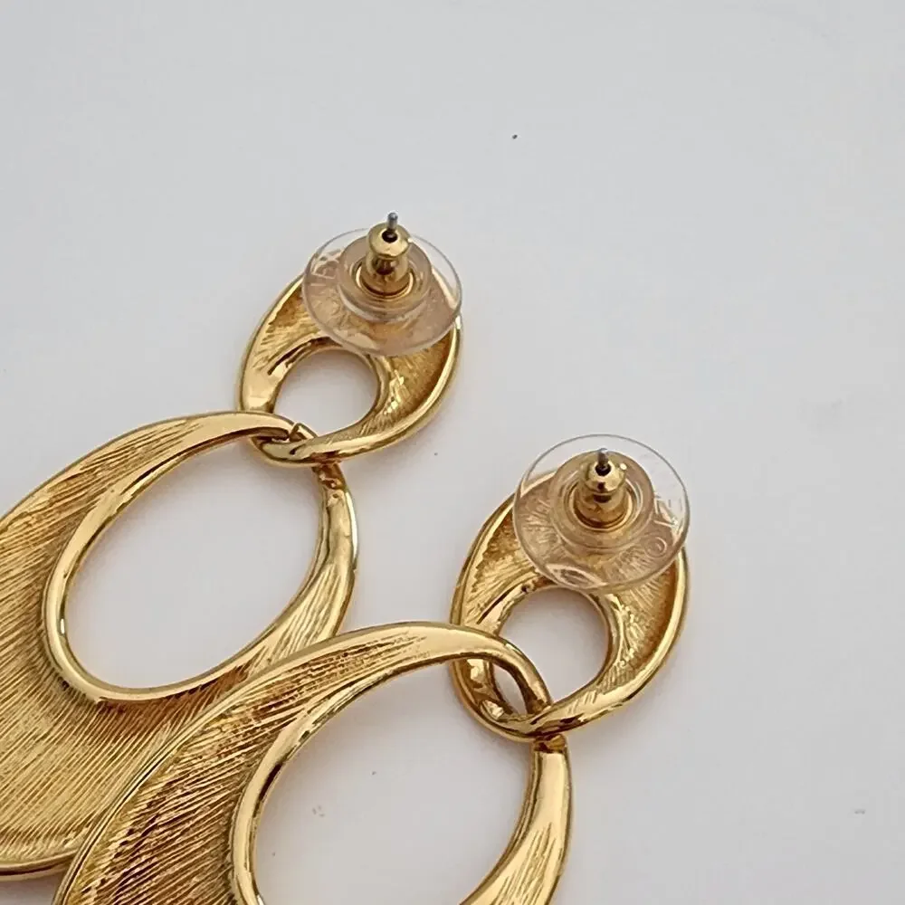 Vintage 80's gold tone open oval dangle post‎ earrings